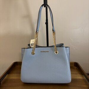 Michael Kors Teagen Pale Blue Leather Large Long Drop Shoulder Bag New